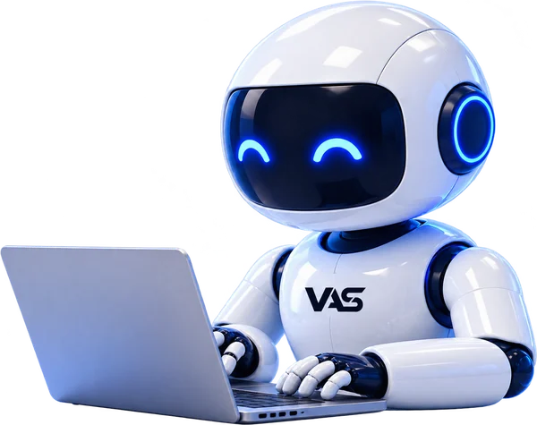 Illustration: freundlicher weißer Roboter mit VAS-Logo, steht für den digitalen Mitarbeiter