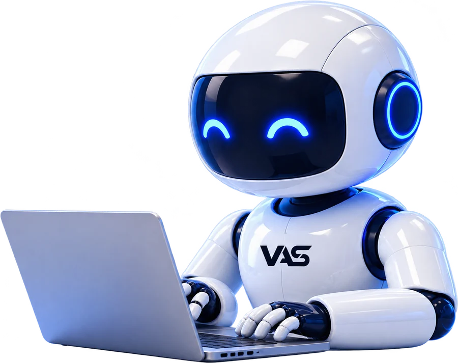 Illustration: freundlicher weißer Roboter mit VAS-Logo am Laptop, steht für den digitalen Mitarbeiter
